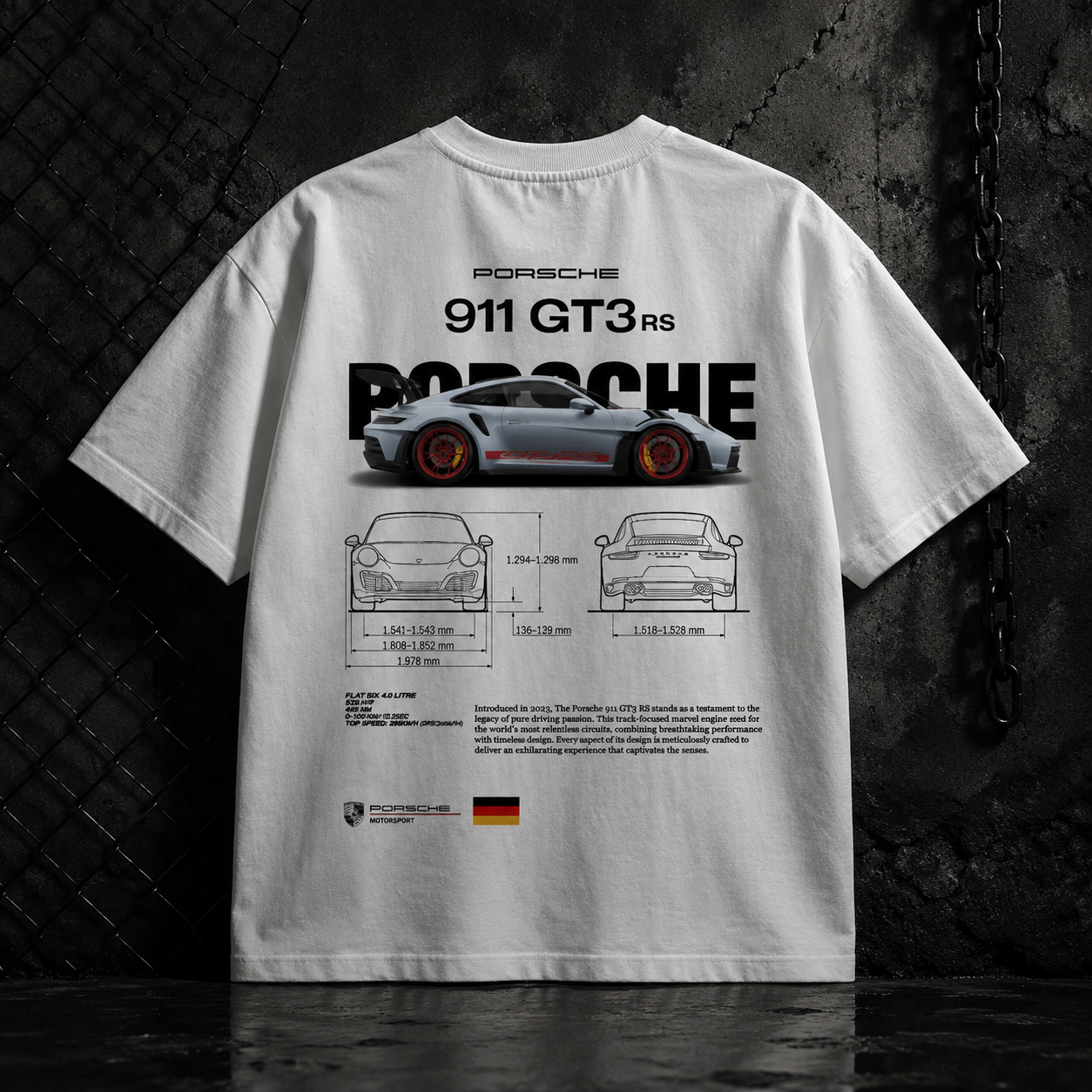 Drop Shoulder White Porsche T-Shirt