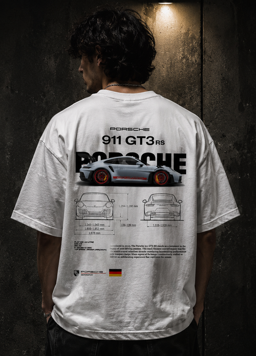 Drop Shoulder White Porsche T-Shirt