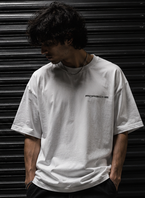 Drop Shoulder White Porsche T-Shirt